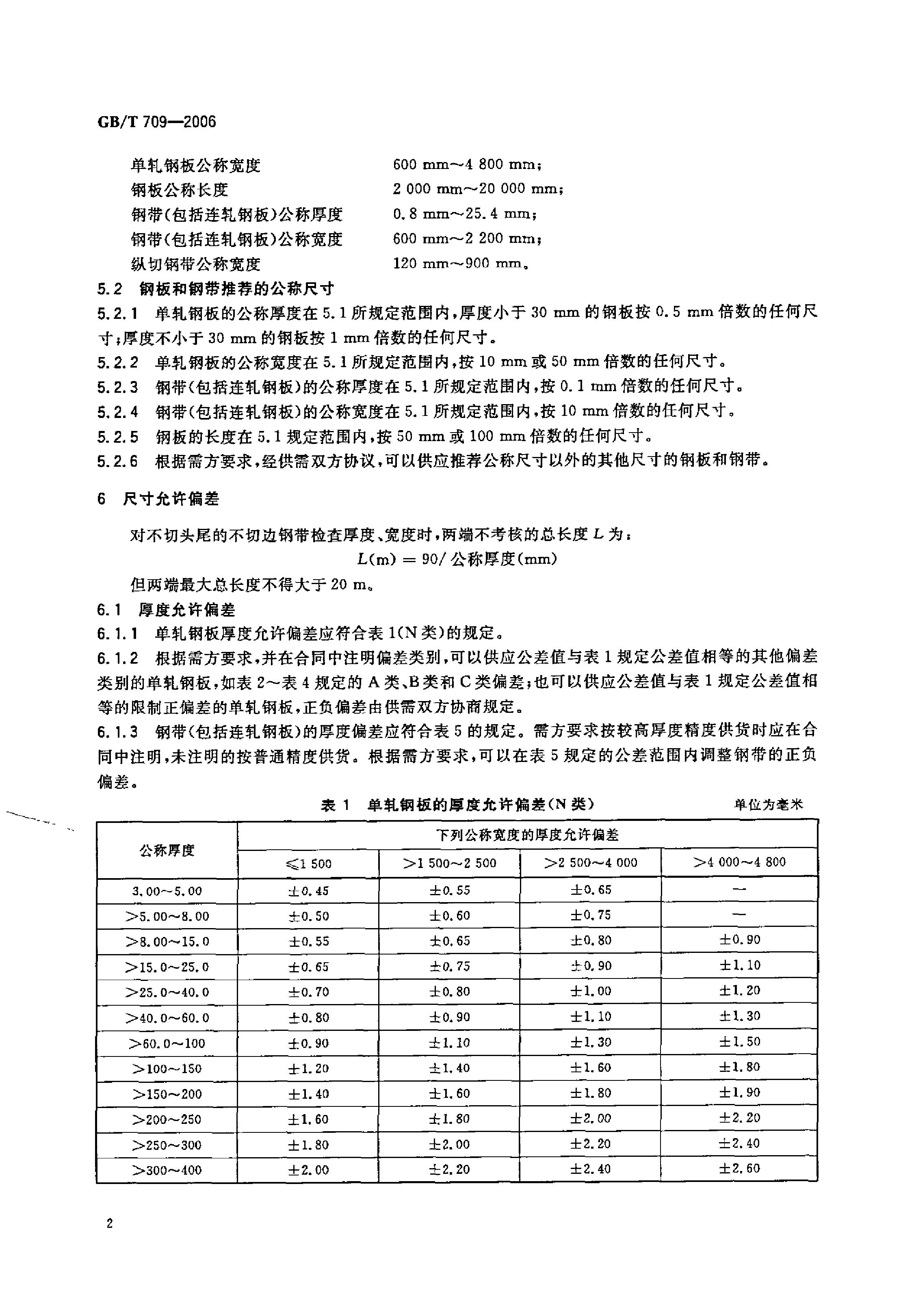 熱軋鋼板和鋼帶的尺寸、外形、重量及允許偏差 國(guó)標(biāo) GBT 709-2006 代替GBT 709-19880003